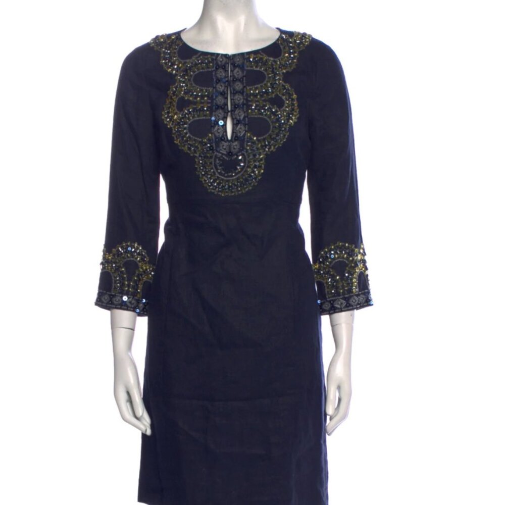 Navy Tory Burch Linen Mini Bedazzled Dress